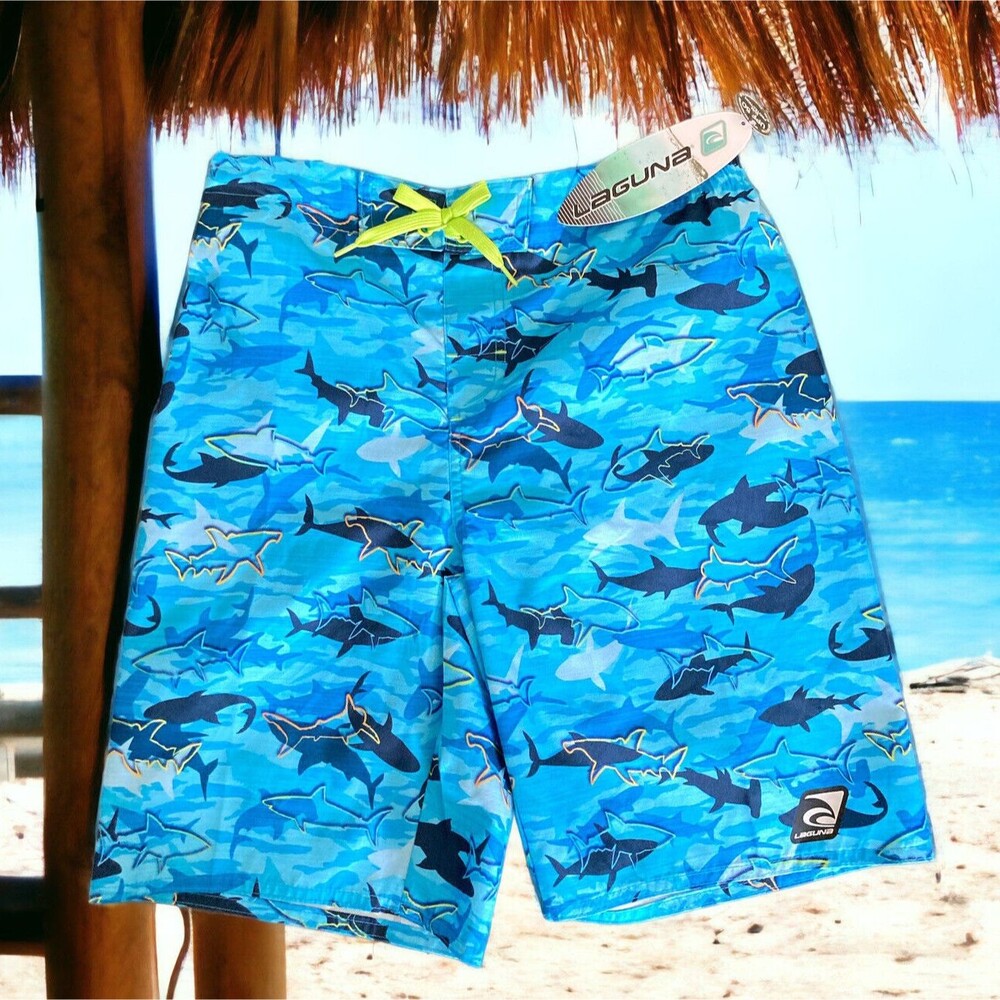 NWT Laguna Boys Medium 10/12 Swim Shorts UV Protection/Quick Dry Blue Sharks